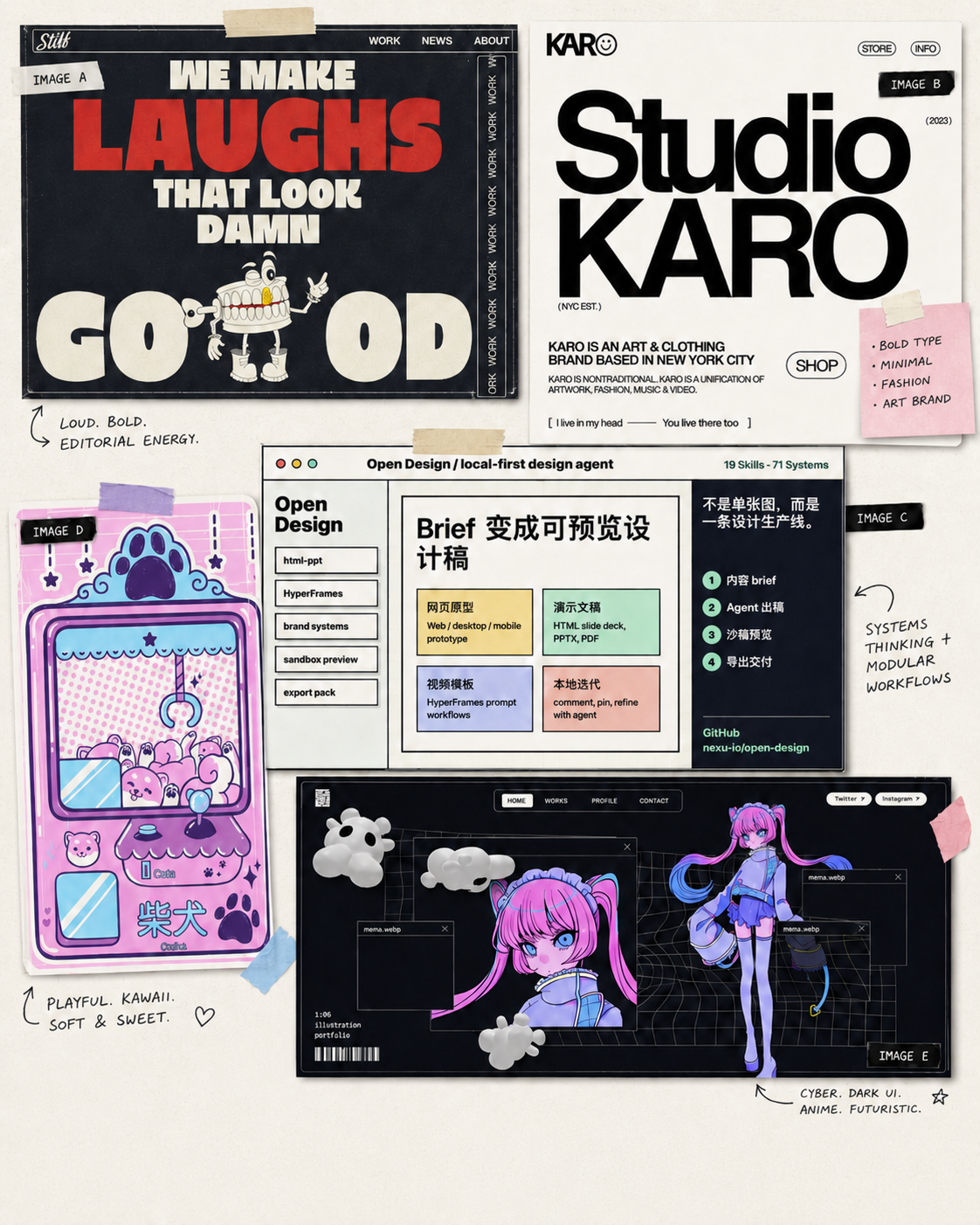 Mood board collage example — bold editorial, kawaii, and cyber references